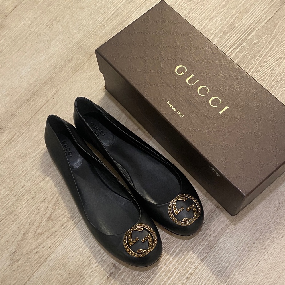 New Gucci GG Leather Ballet Flats 40 10 Italy